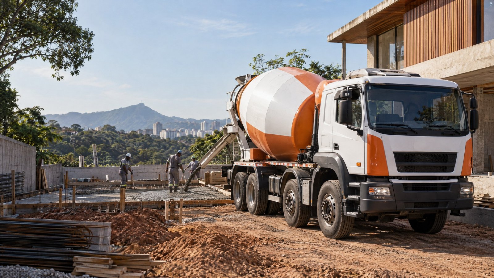Imagem ilustrativa de caminhão betoneira em uma obra